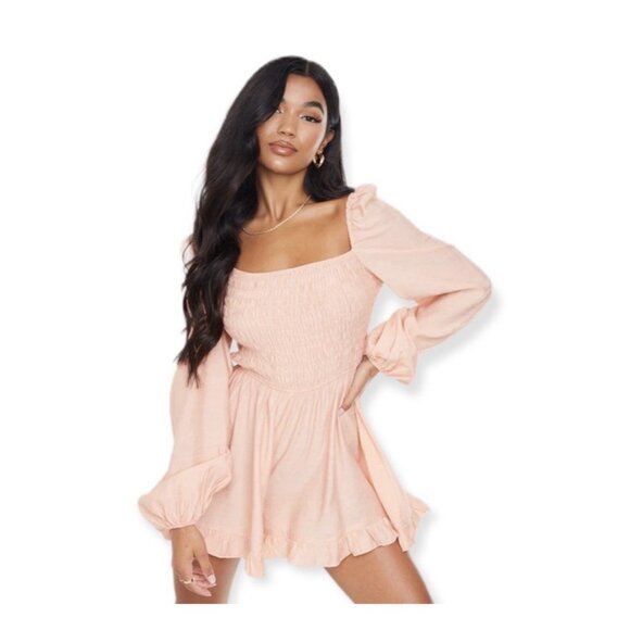 PrettyLittleThing Pants - NWT Pretty Little Thing Women’s Blush Shirred Frill Hem Playsuit Romper Size 10